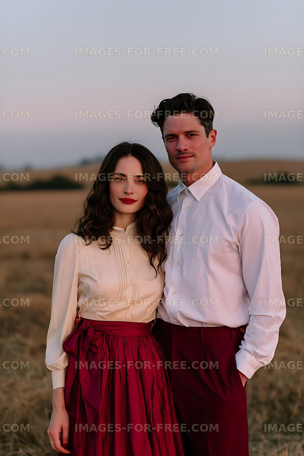 Two adults in coordinated white and red outfits outdoors