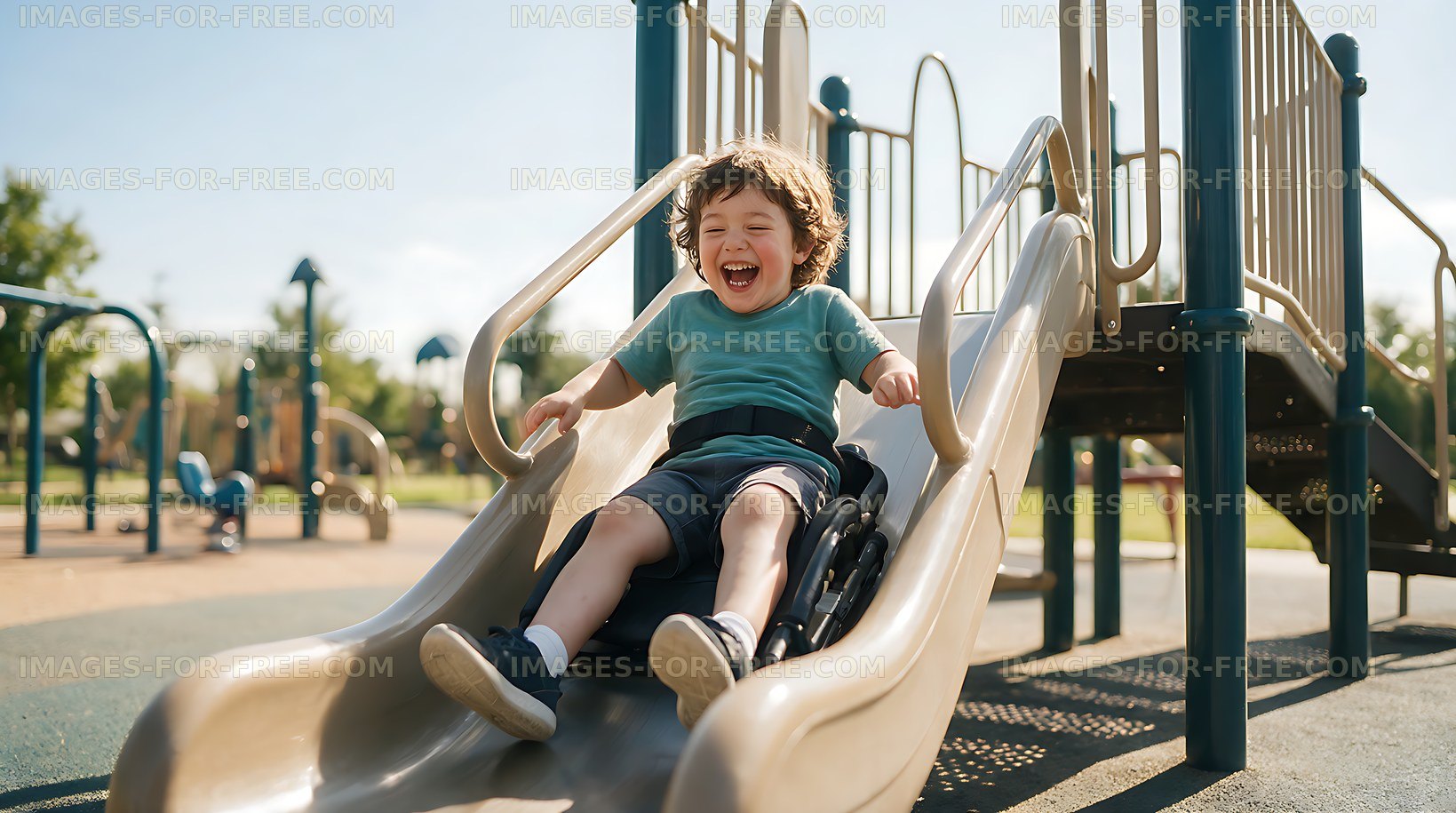 Disabled child smiling on an inclusive playground slide