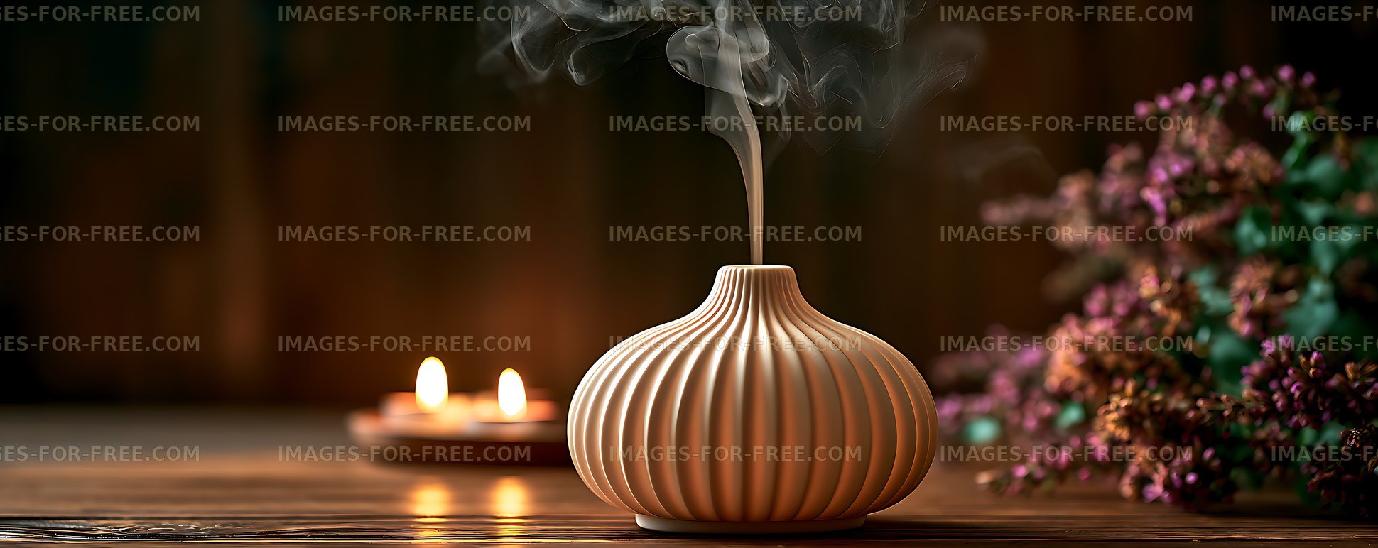 Decorative vase with smoke, candles, and flowers