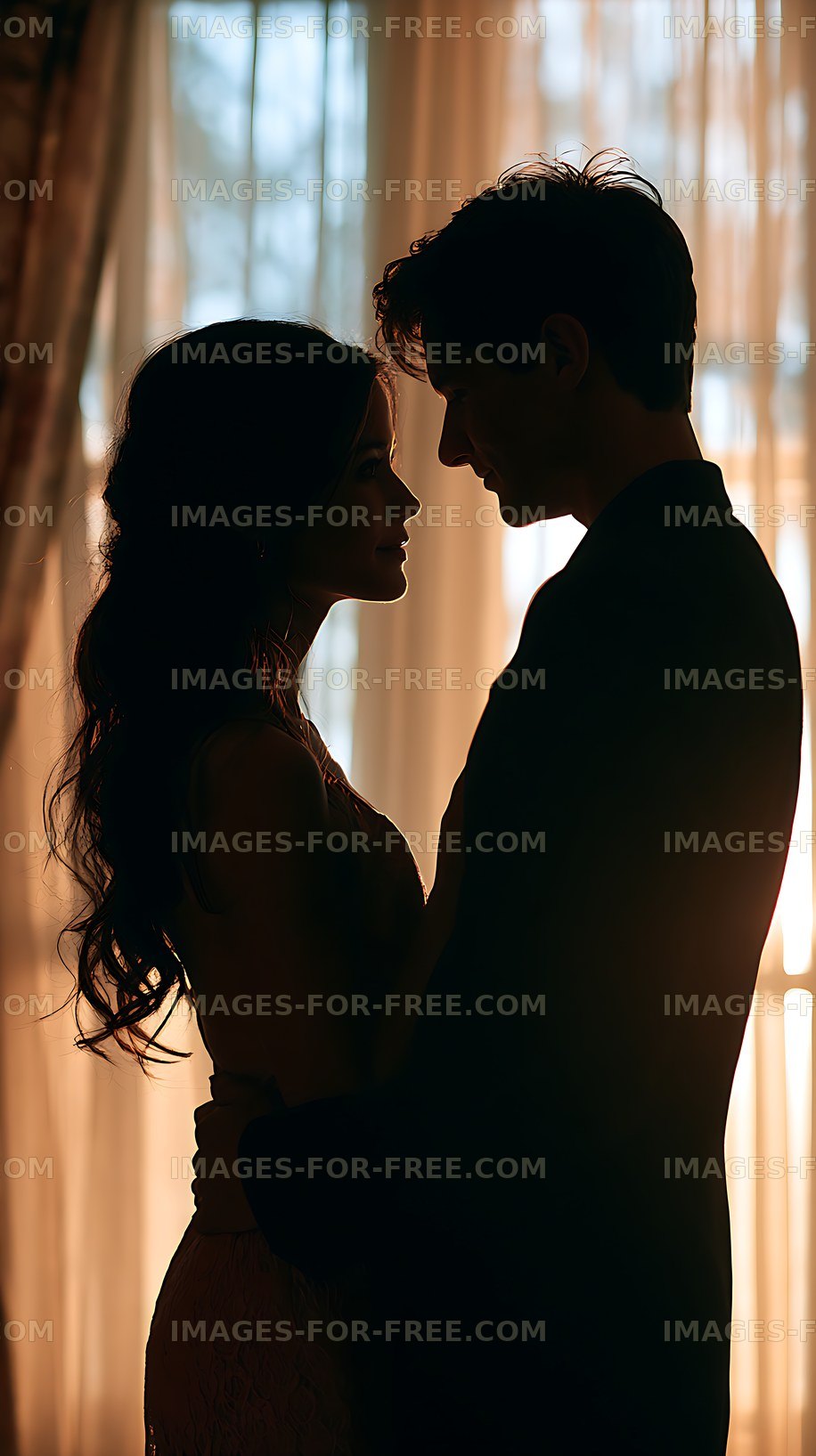 Silhouetted couple sharing an intimate moment indoors