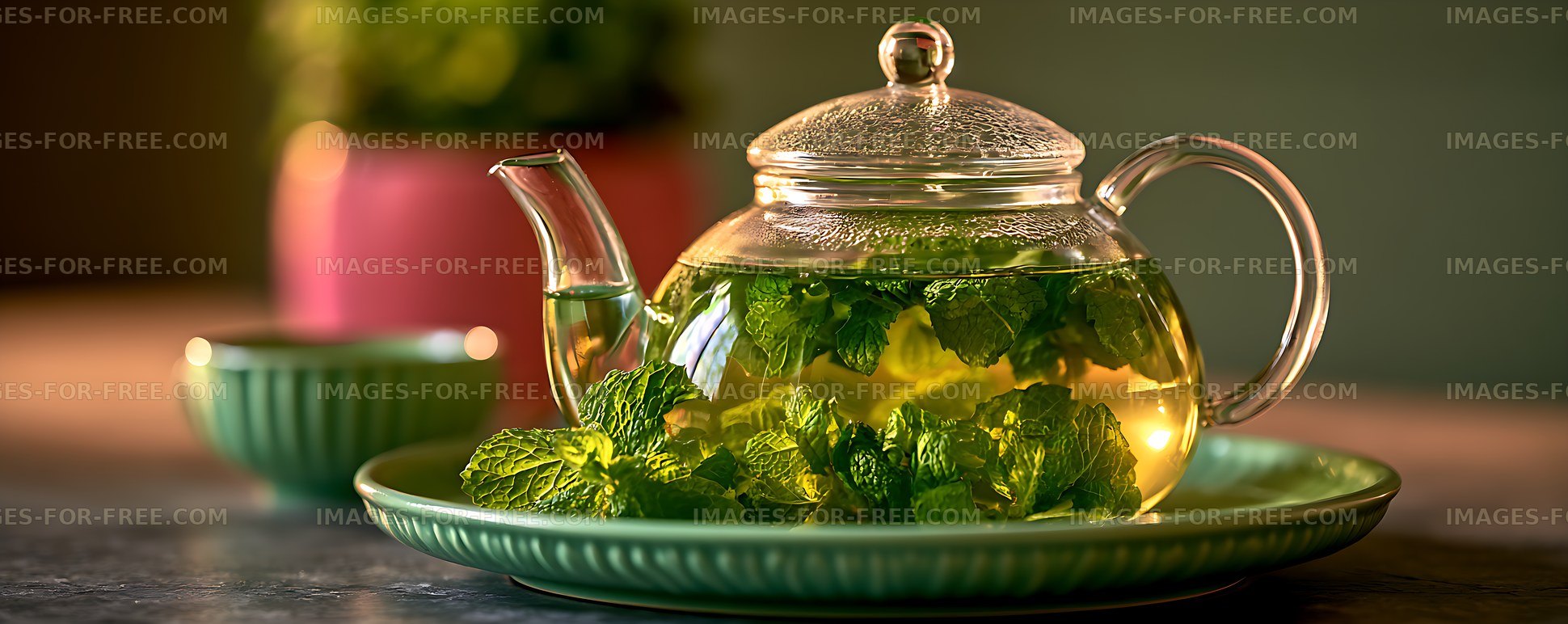 Transparent teapot of mint tea on a green plate