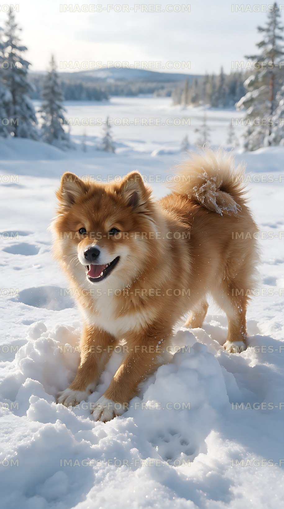Happy fluffy puppy playing in fresh winter snow