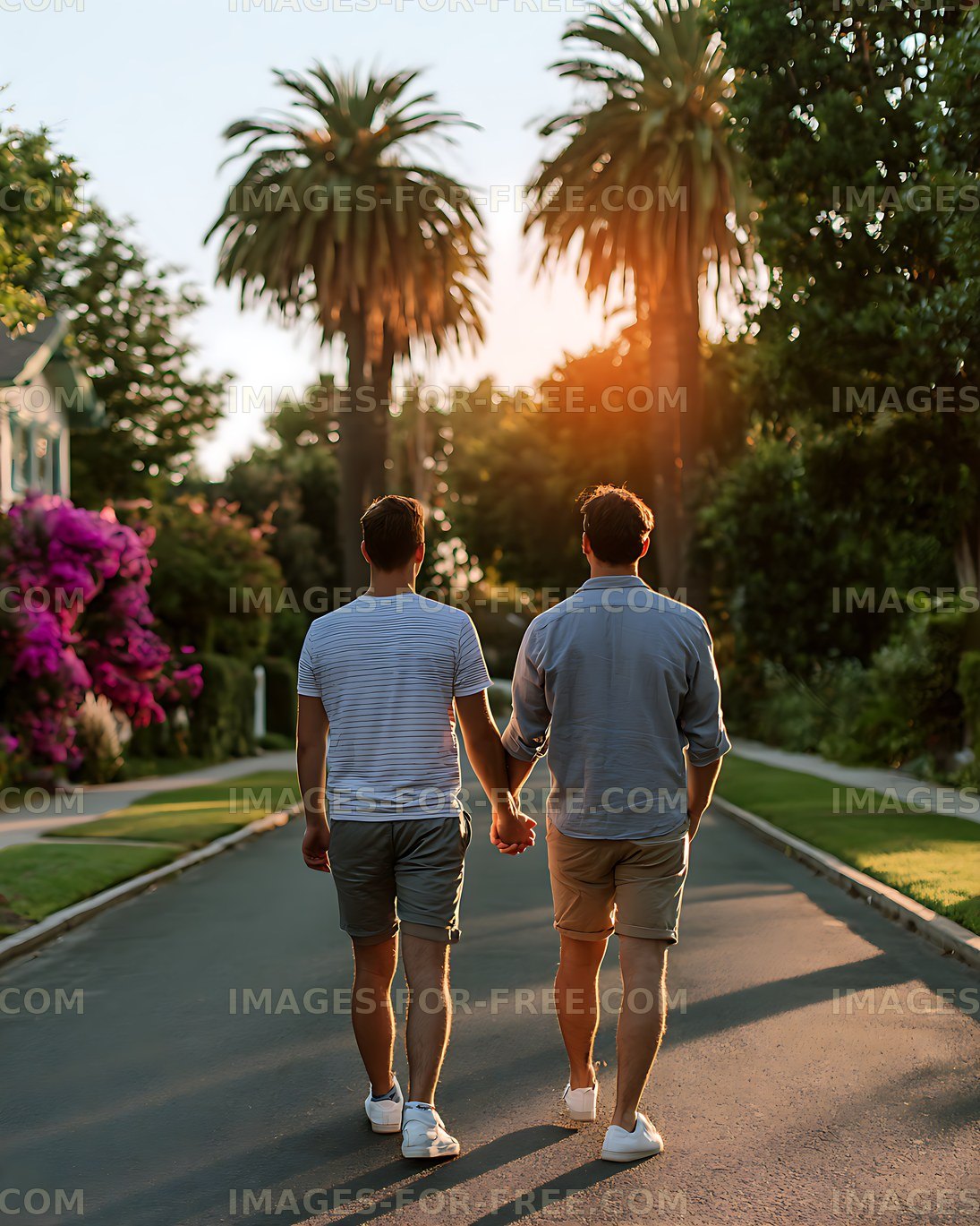 Men walking hand in hand along a sunny garden path