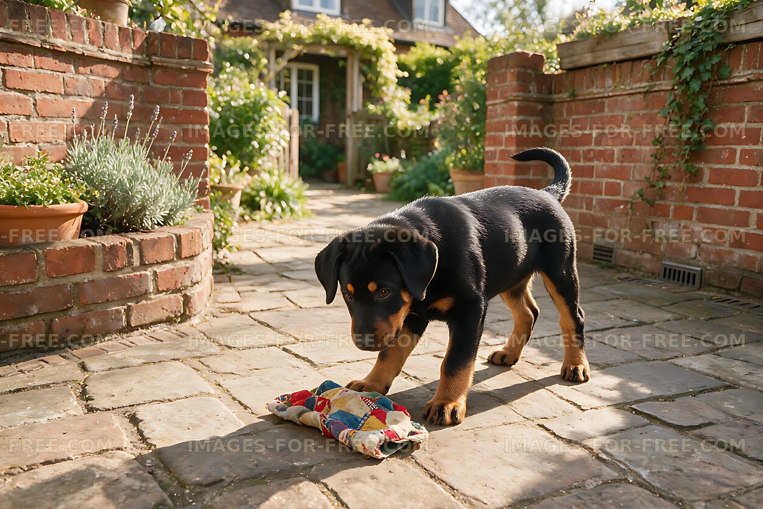 Black and tan puppy playing outdoors with a colorful toy