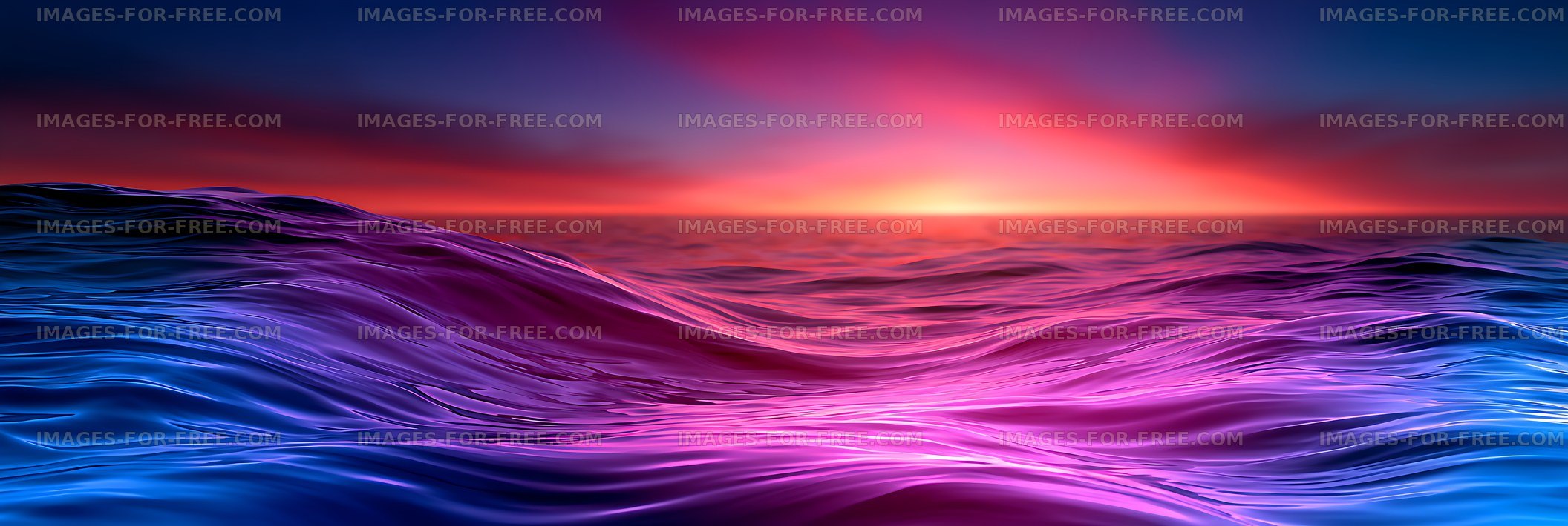Vibrant abstract ocean waves beneath a colorful sunset