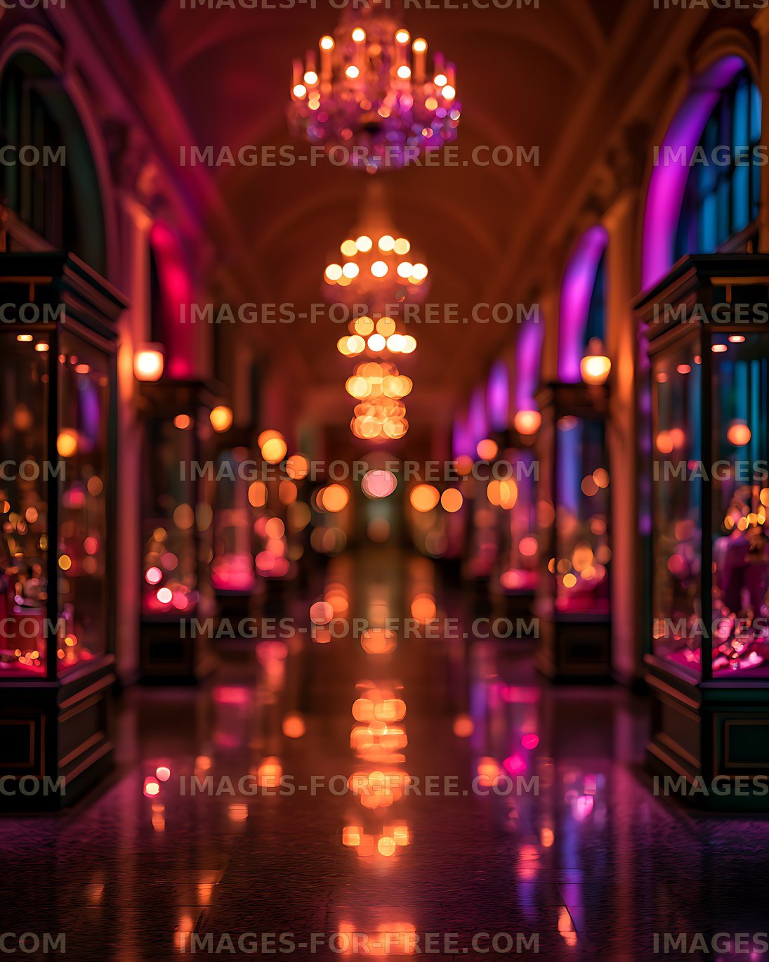 Abstract colorful chandelier interior with floor reflections