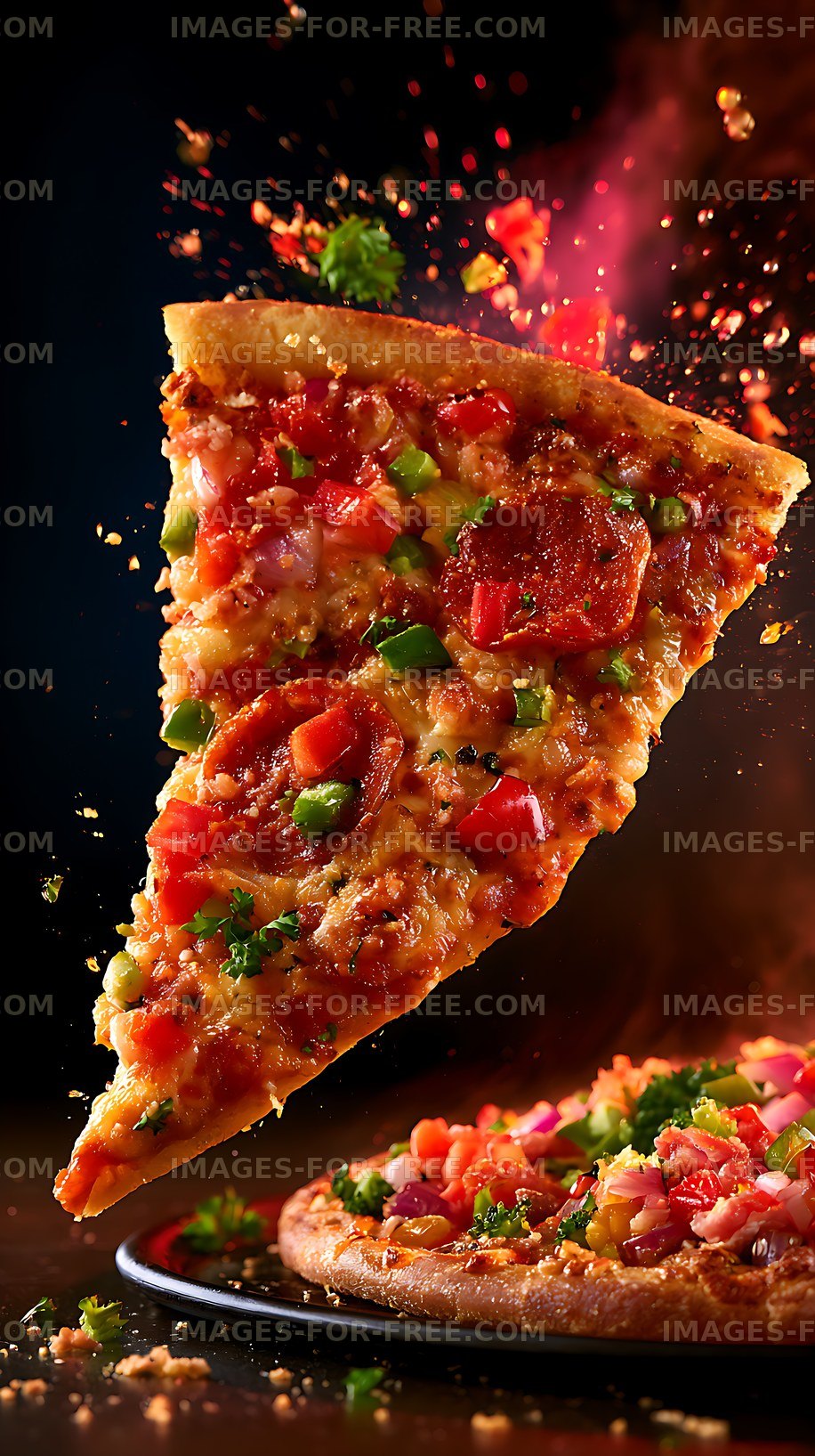 Dramatic close-up of a loaded pizza slice