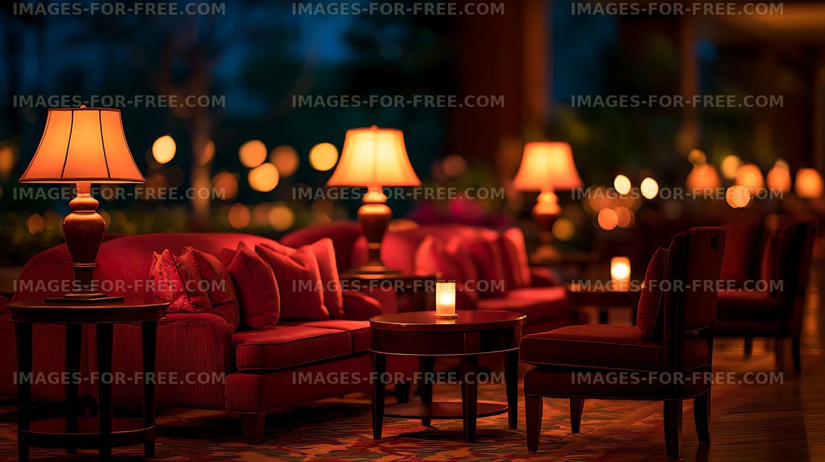 Cozy red lounge with glowing lamps and candlelit tables