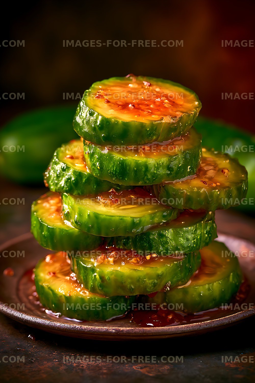 Glossy cucumber slices layered with chili sauce