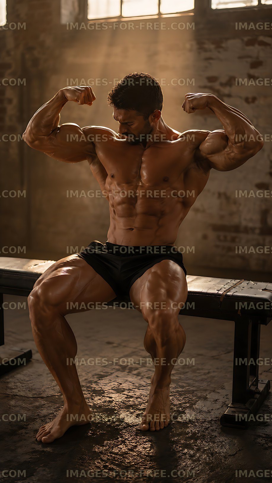 Muscular man flexing muscles in industrial gym setting