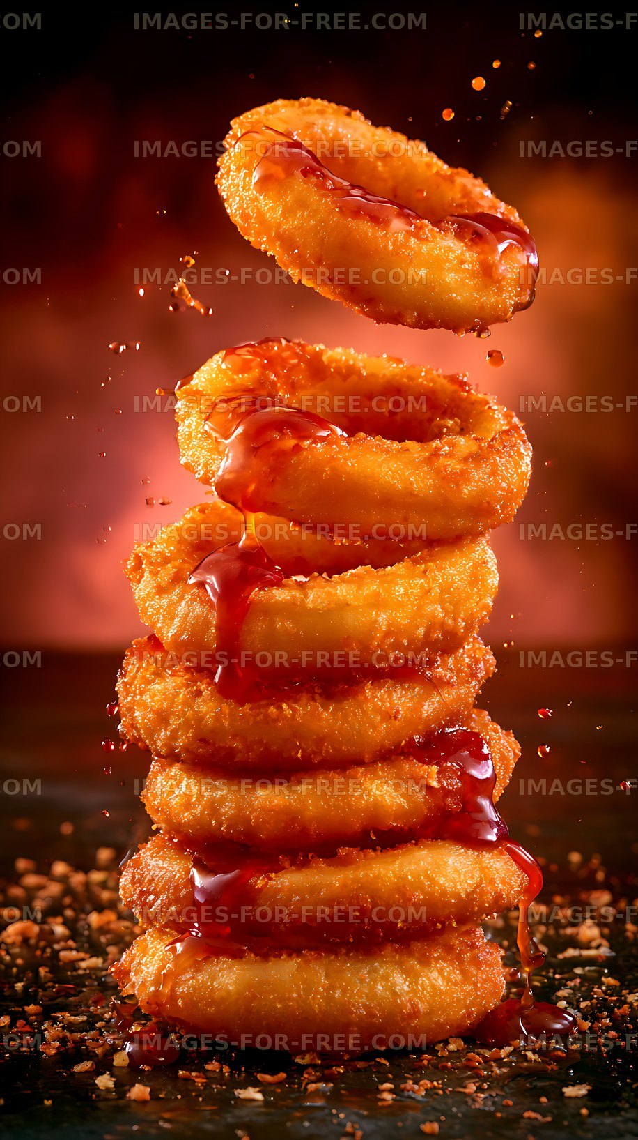 Crispy onion rings stacked with glossy sauce