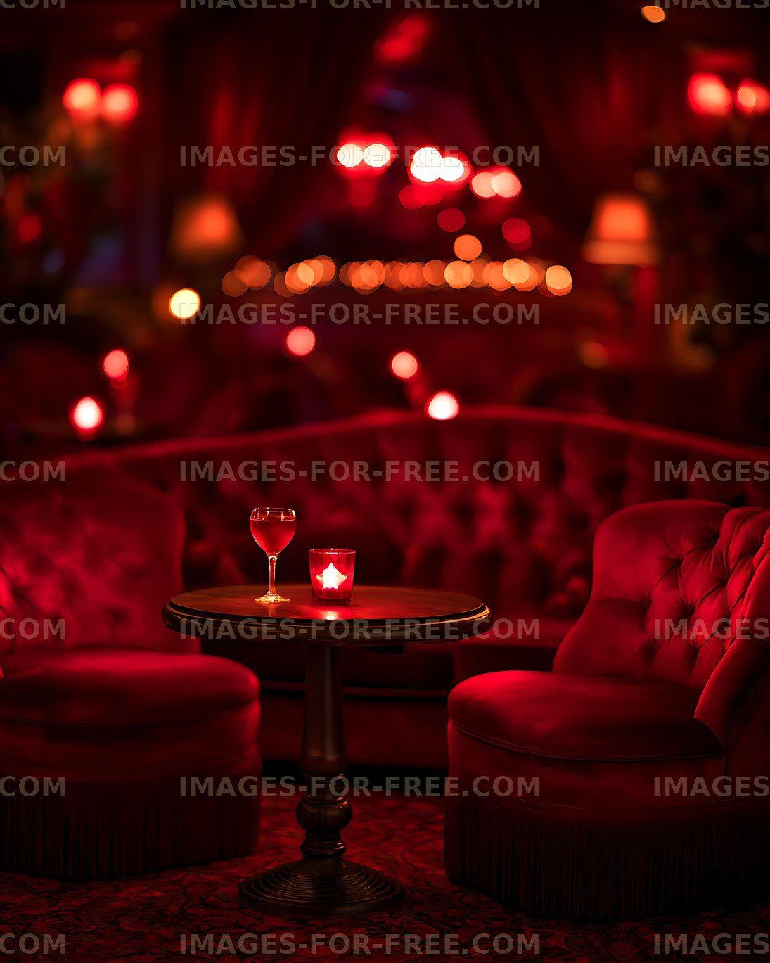 Cozy red lounge interior with wine and candle