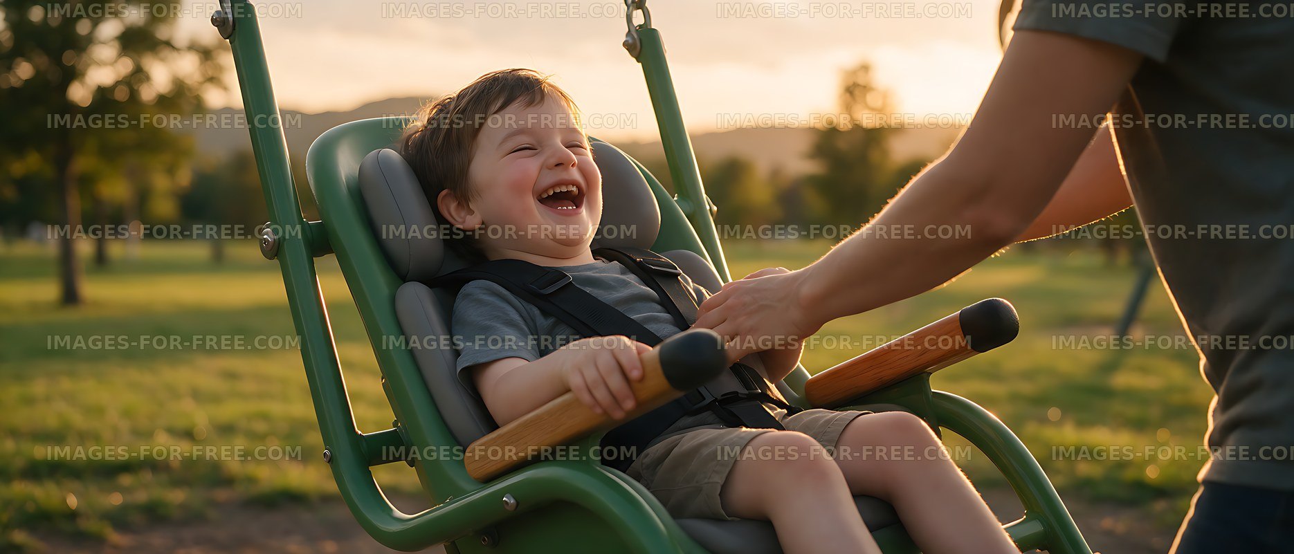 Laughing child enjoying an inclusive playground swing