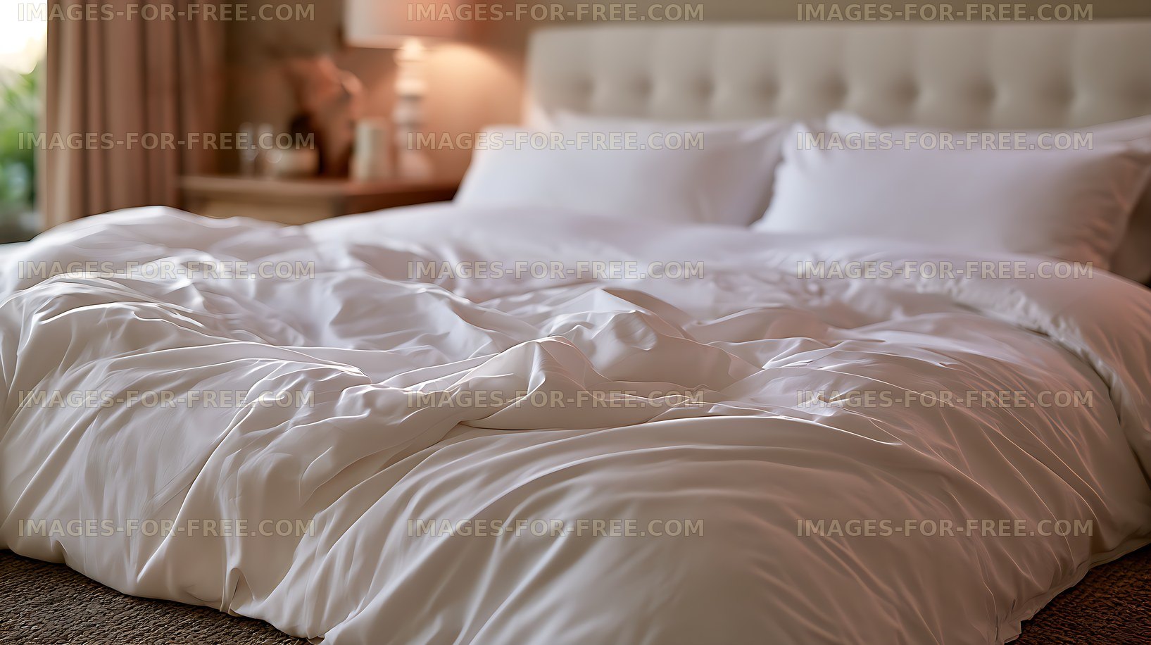Rumpled white bedding on an unmade bed