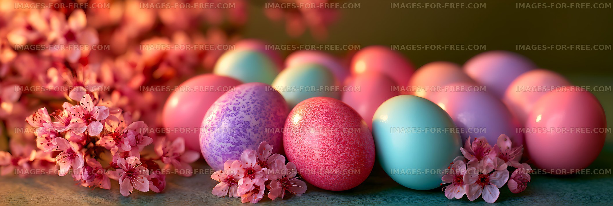 Colorful pastel eggs and pink blossoms in warm light
