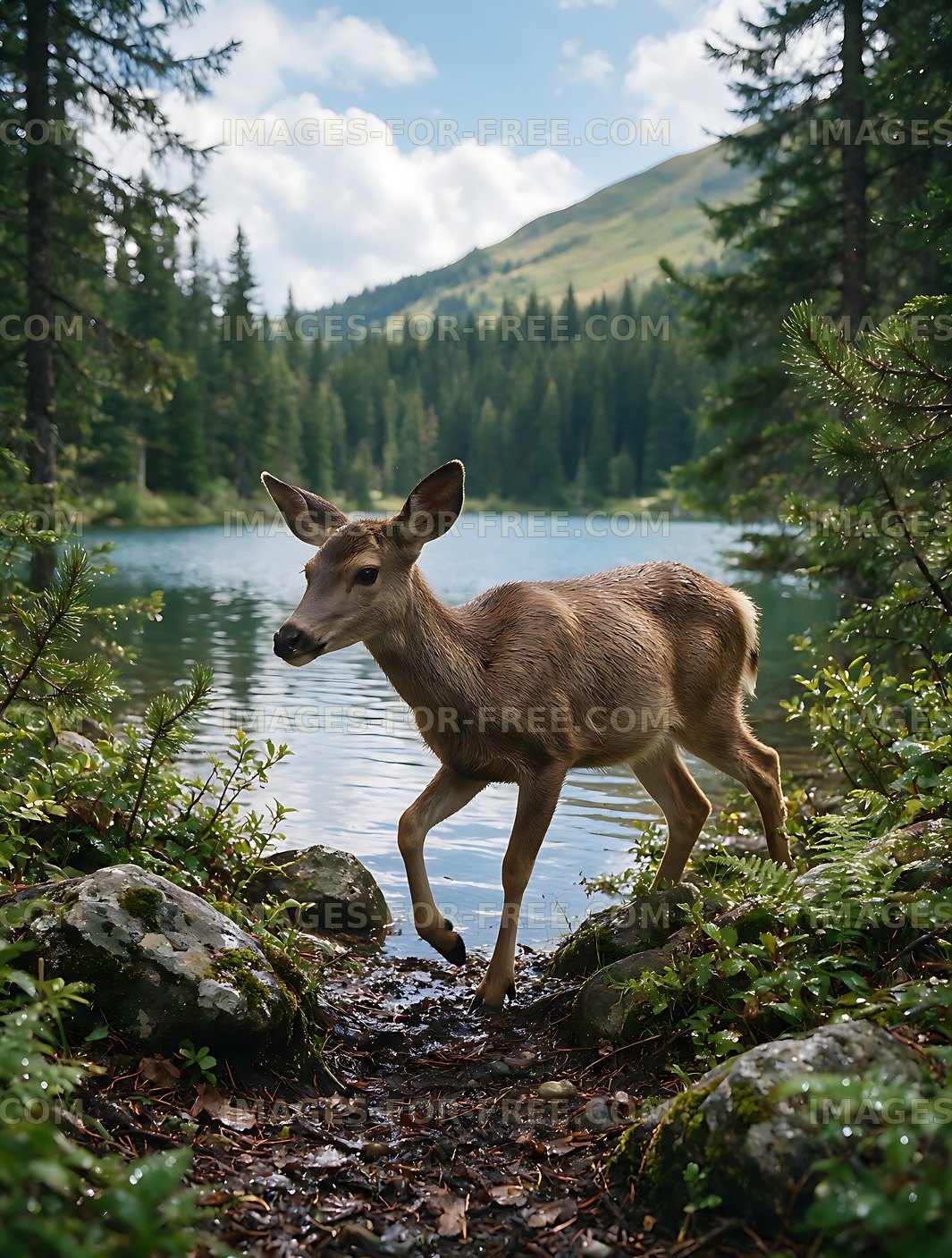 Wild deer crossing the lakeside in a mountain forest