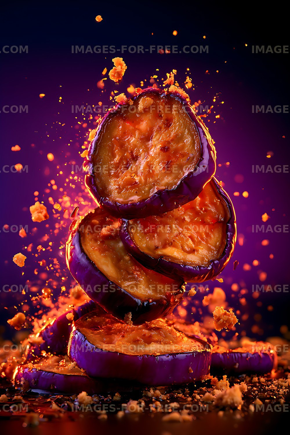 Sliced eggplant stack with crumbs and vivid dramatic lighting