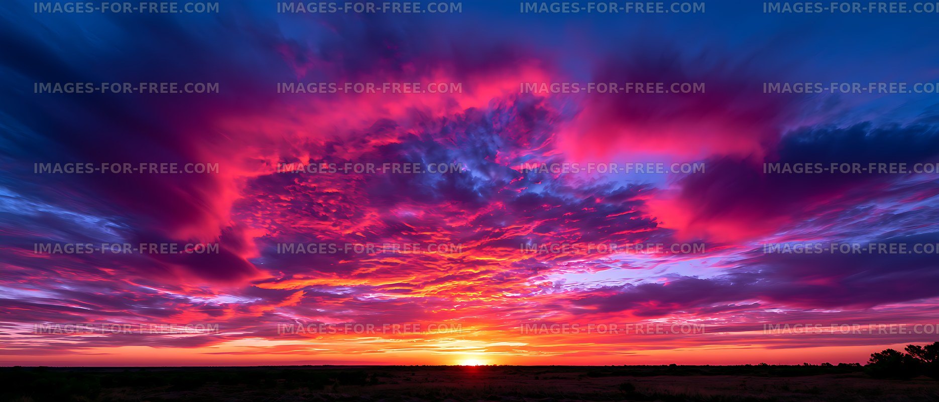 Colorful dramatic sunset clouds above a dark landscape