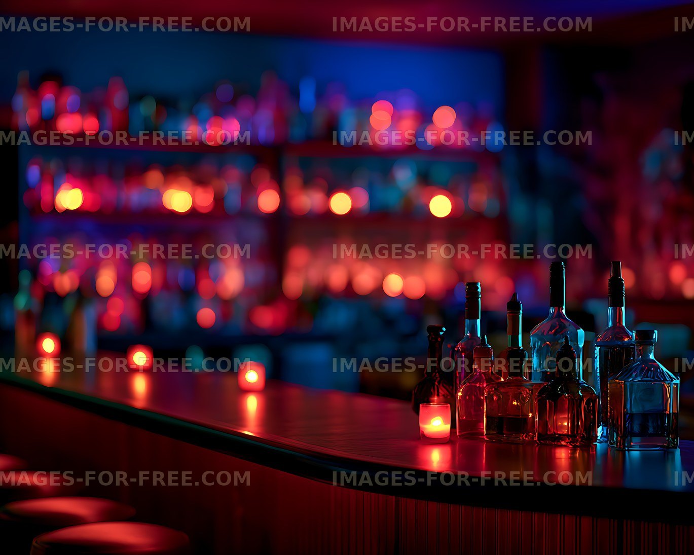 Assorted Bottles and Candles in a Colorful Bar Setting