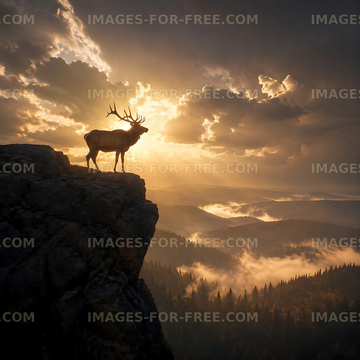 Sunset scene with a deer on a cliff overlooking misty valleys