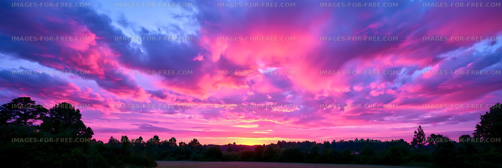Dramatic colorful sunset above a tree-lined horizon