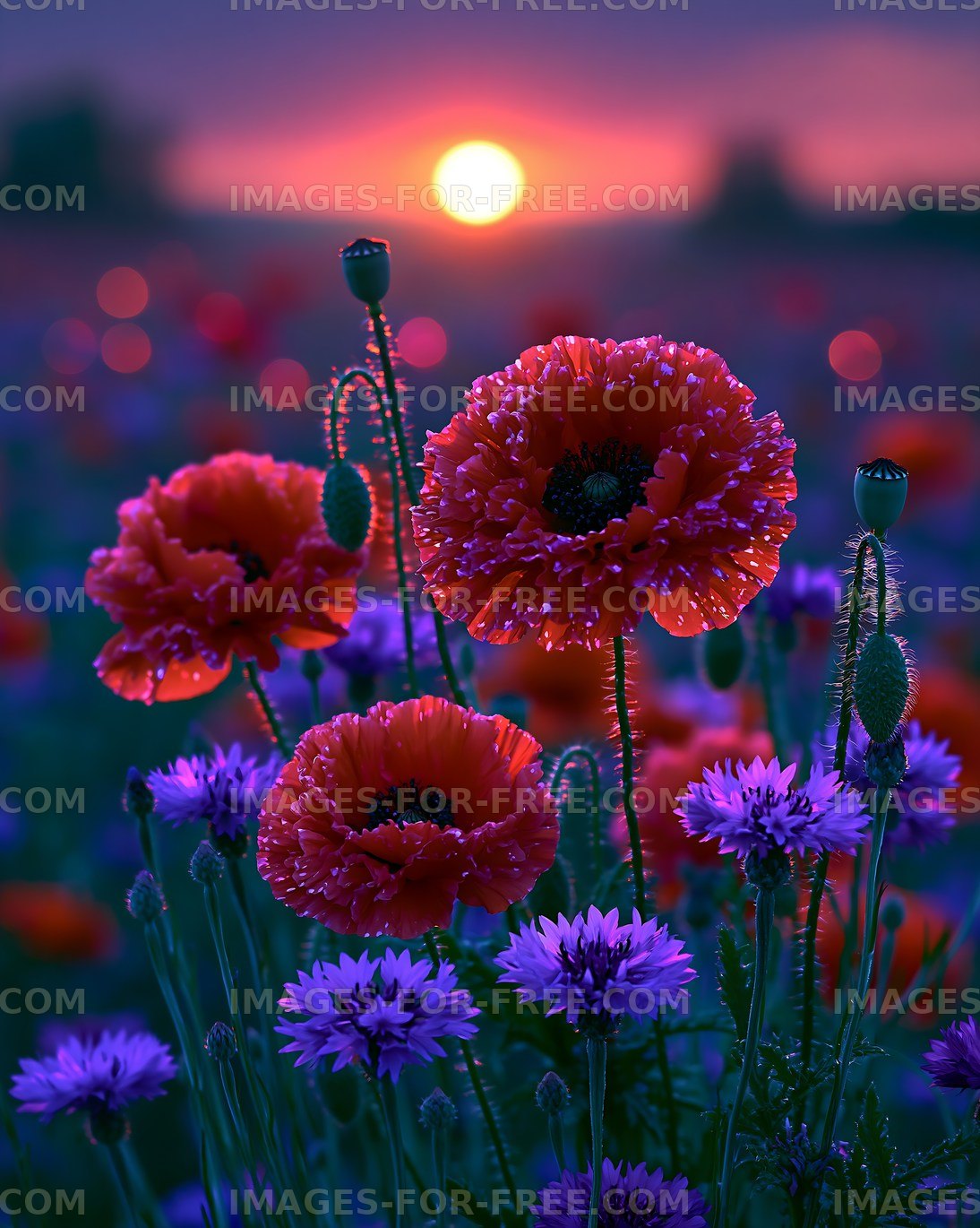 Vibrant poppies and cornflowers at sunset in a field