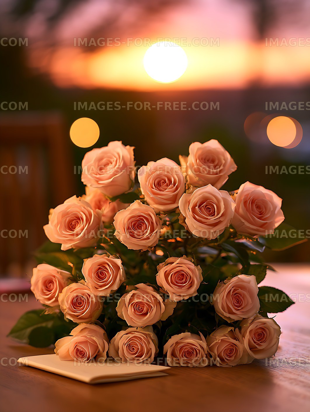 Peach roses with sunset bokeh and warm evening light