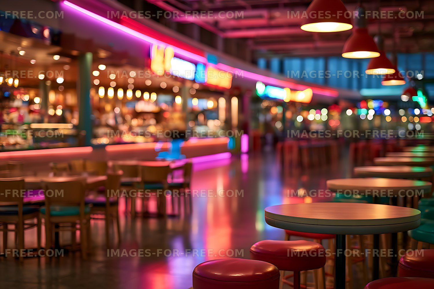 Vibrant neon bar interior with reflective floors
