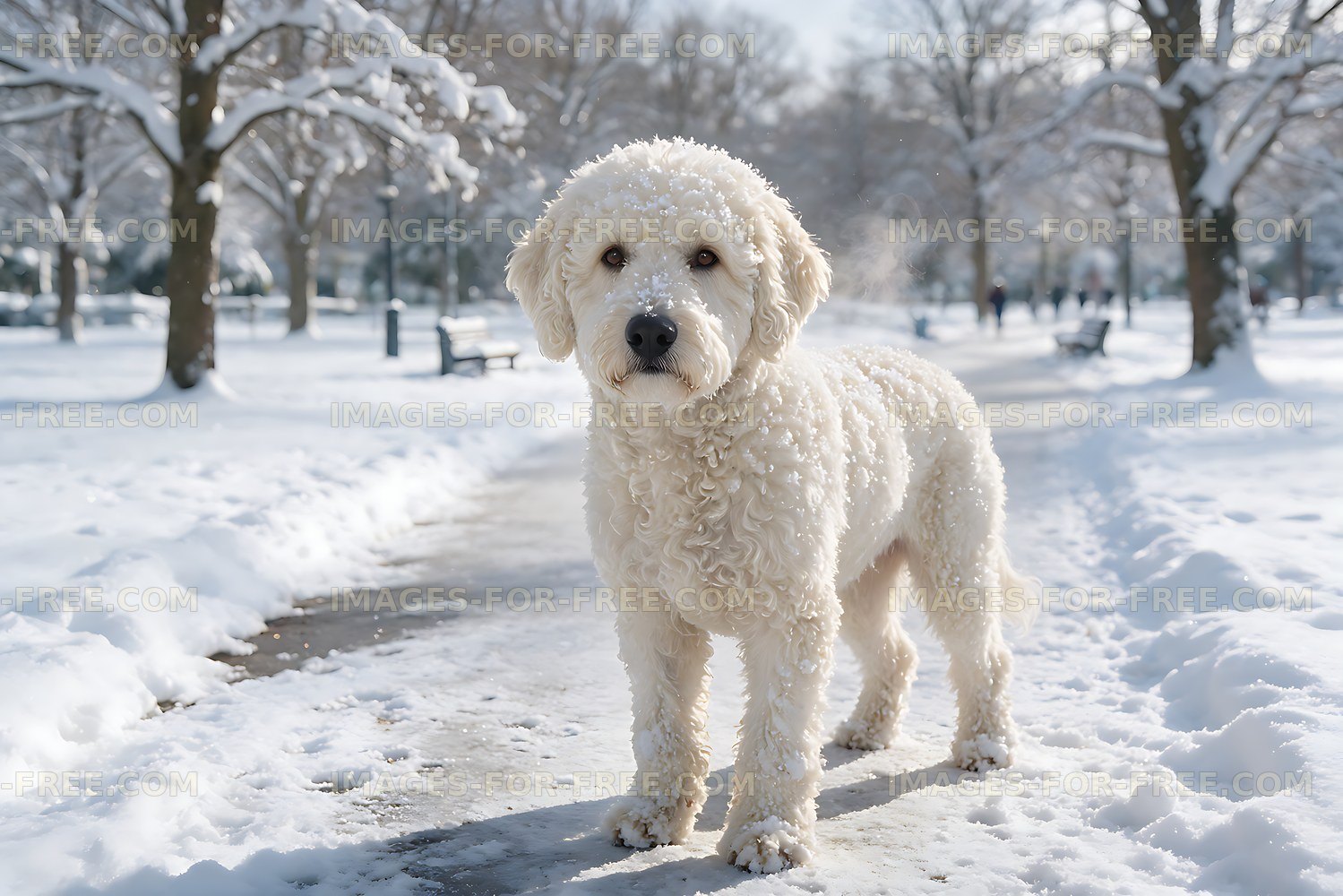 White dog with curly fur in a snow-covered park