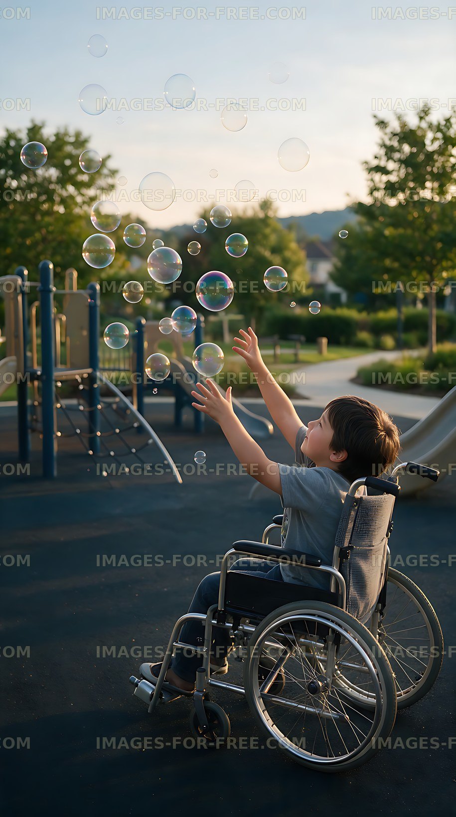 Child in wheelchair enjoying bubbles at an inclusive playground