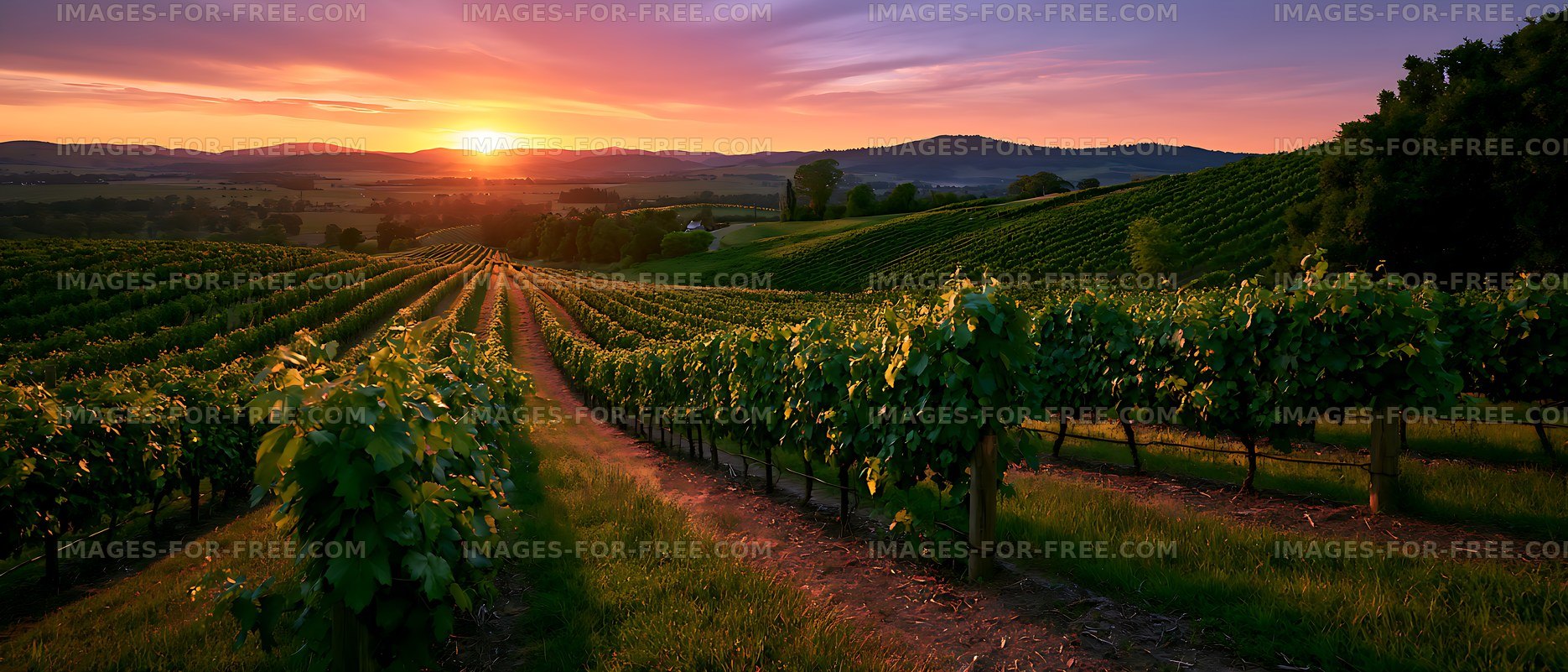 Golden sunset across a hillside vineyard landscape