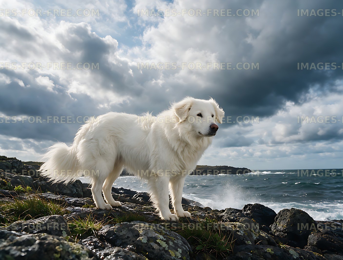 White dog on rocky seaside shore beneath dramatic sky