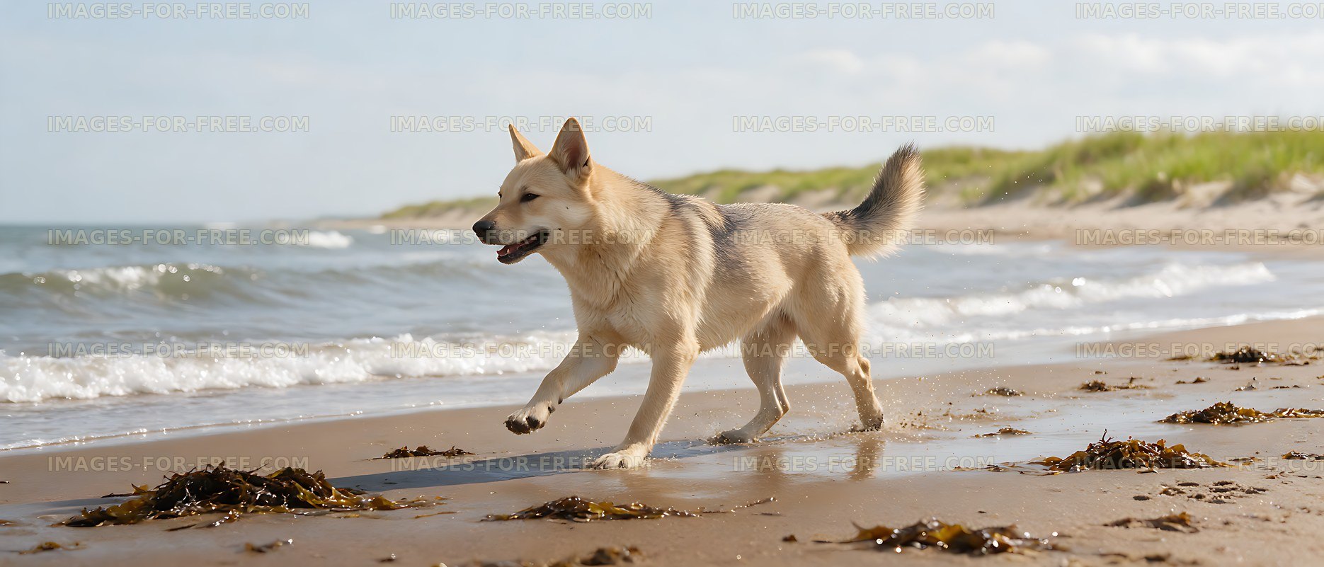 Cream-colored dog running beside ocean waves