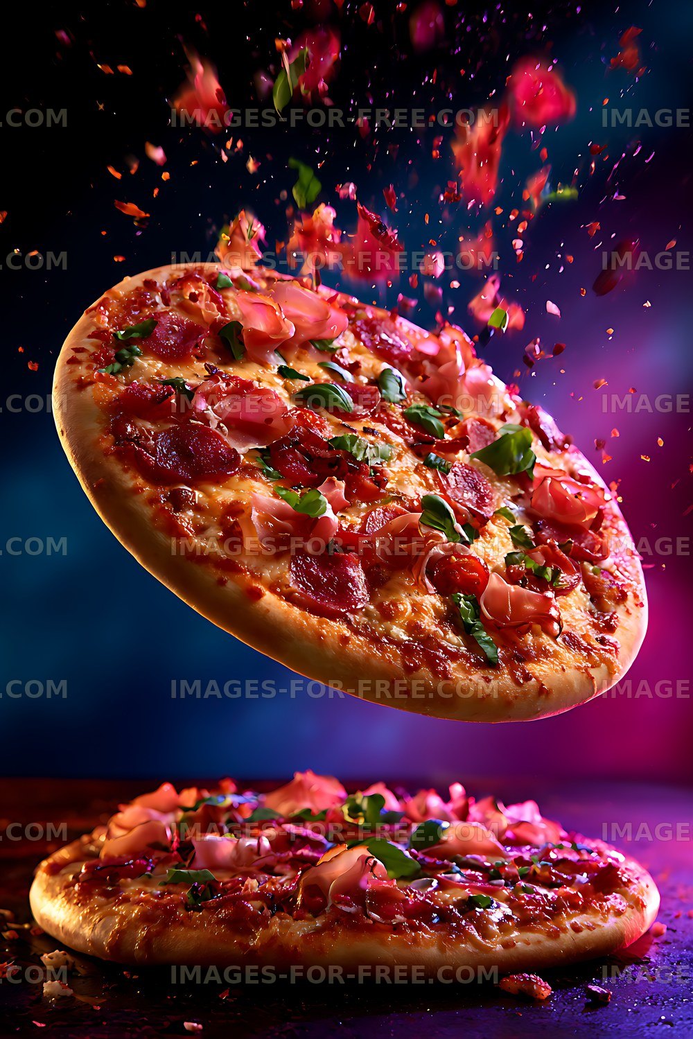 Floating pepperoni pizza with colorful flying ingredients