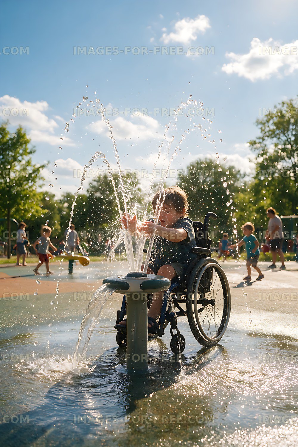 Wheelchair user enjoying water play outdoors