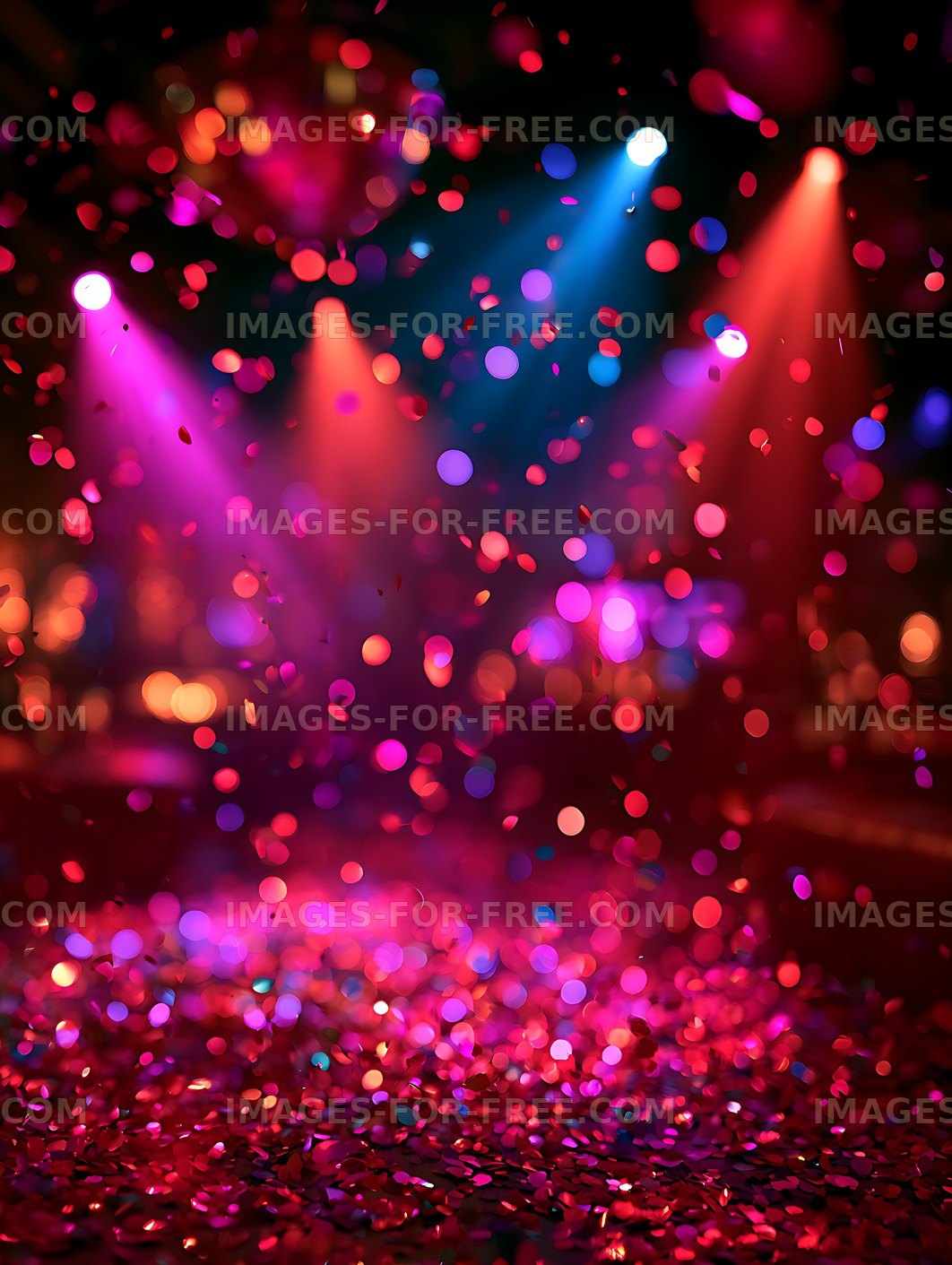 Vibrant confetti and colorful spotlights