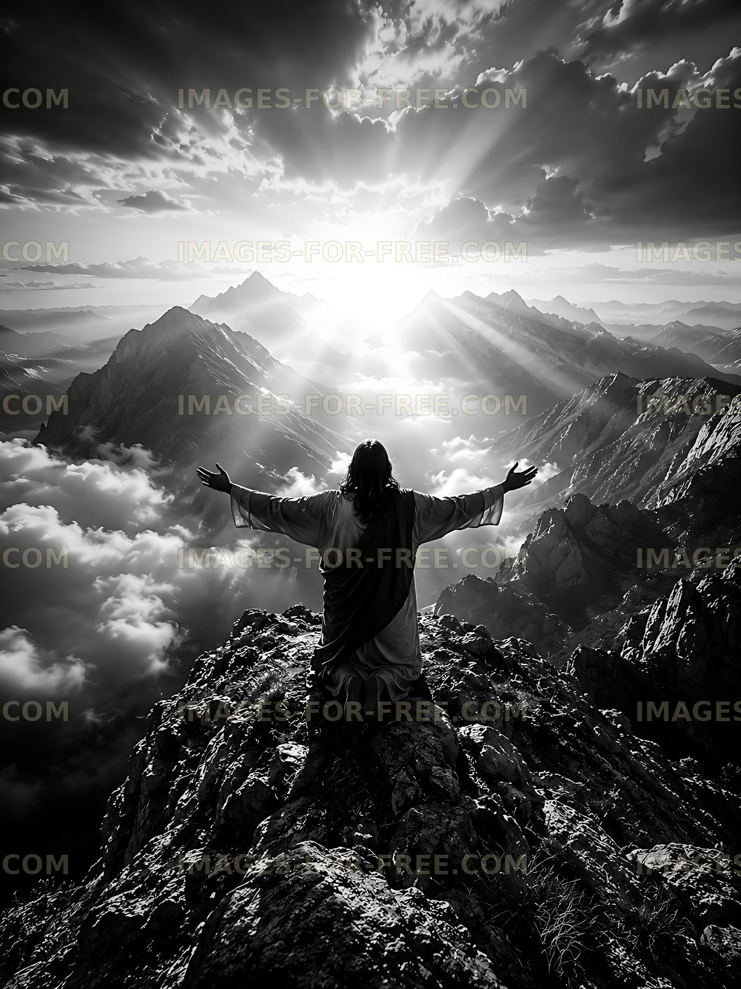 Mountain view with figure raising arms to the sun