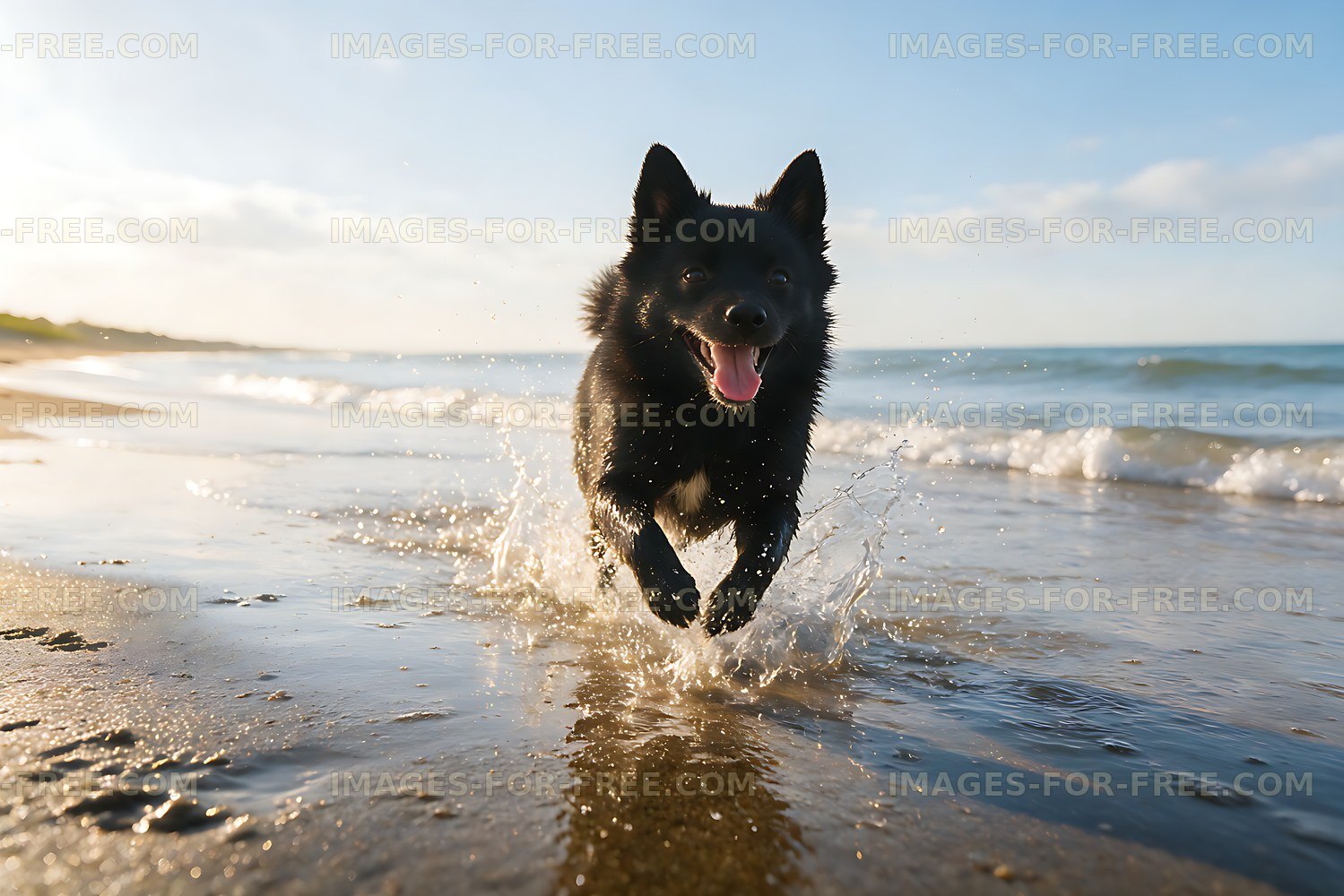 Energetic black dog splashing through seawater
