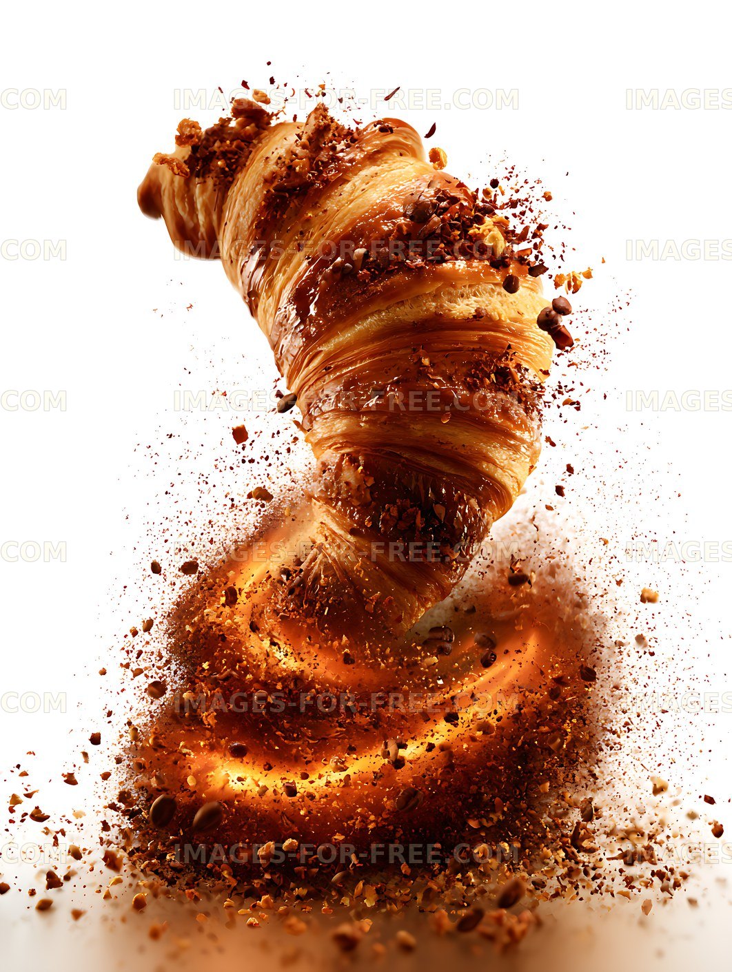 Chocolate croissant with hazelnut topping and flying crumbs