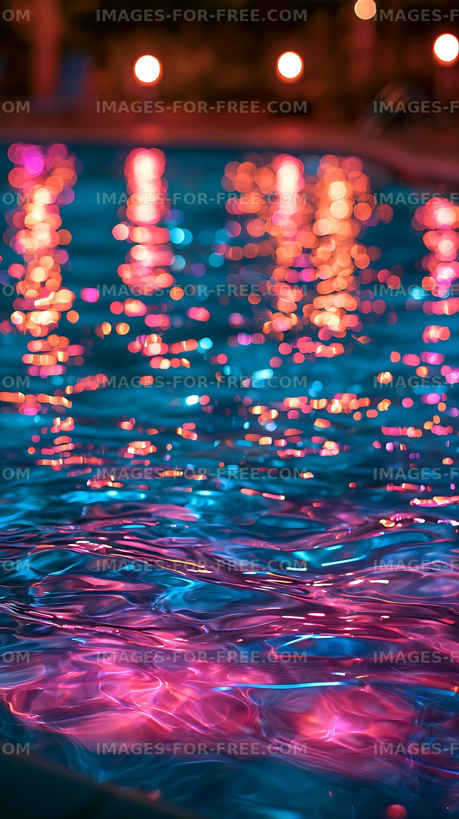 Colorful bokeh lights reflected on rippling water