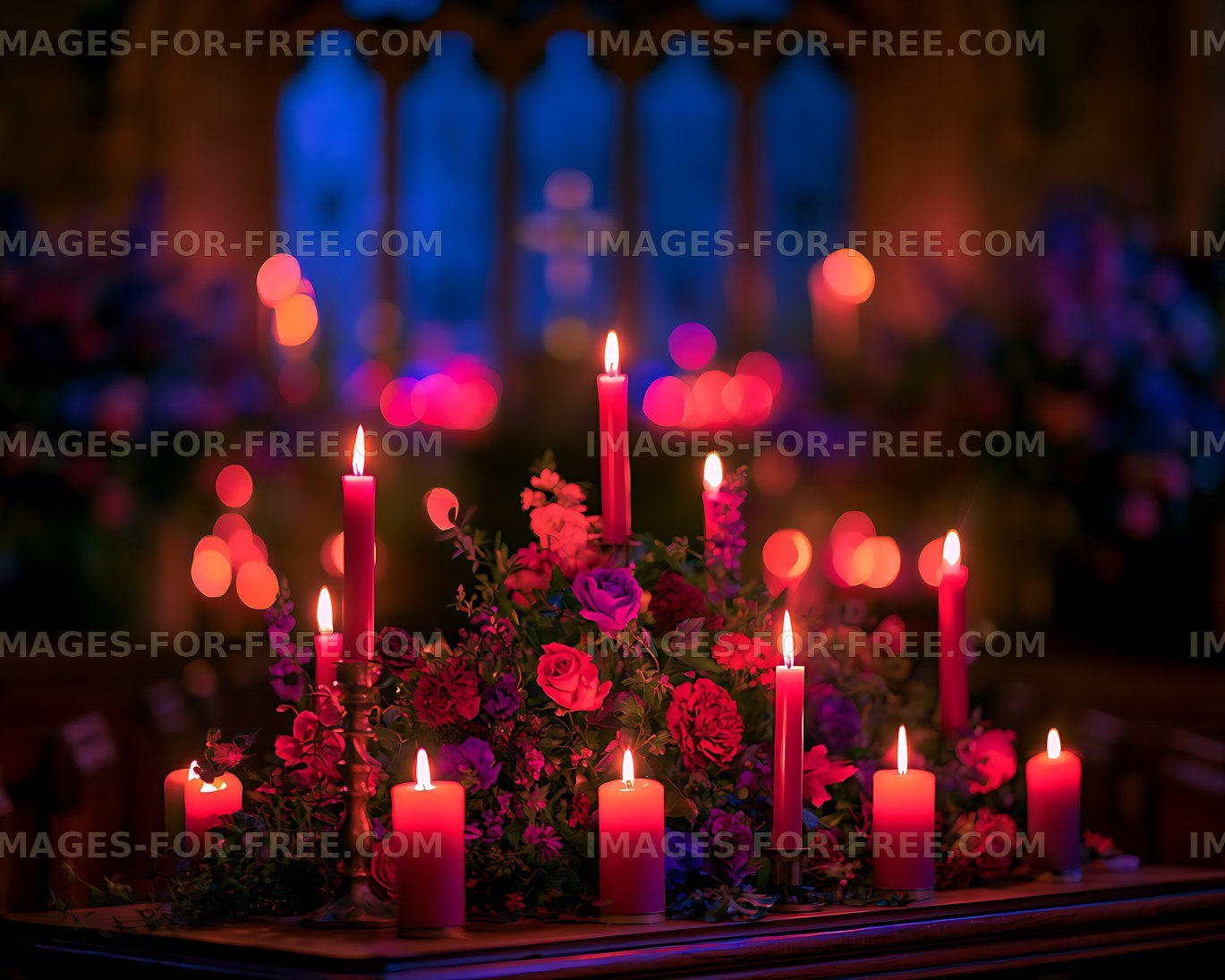 Glowing candles and flowers in a colorful dark setting