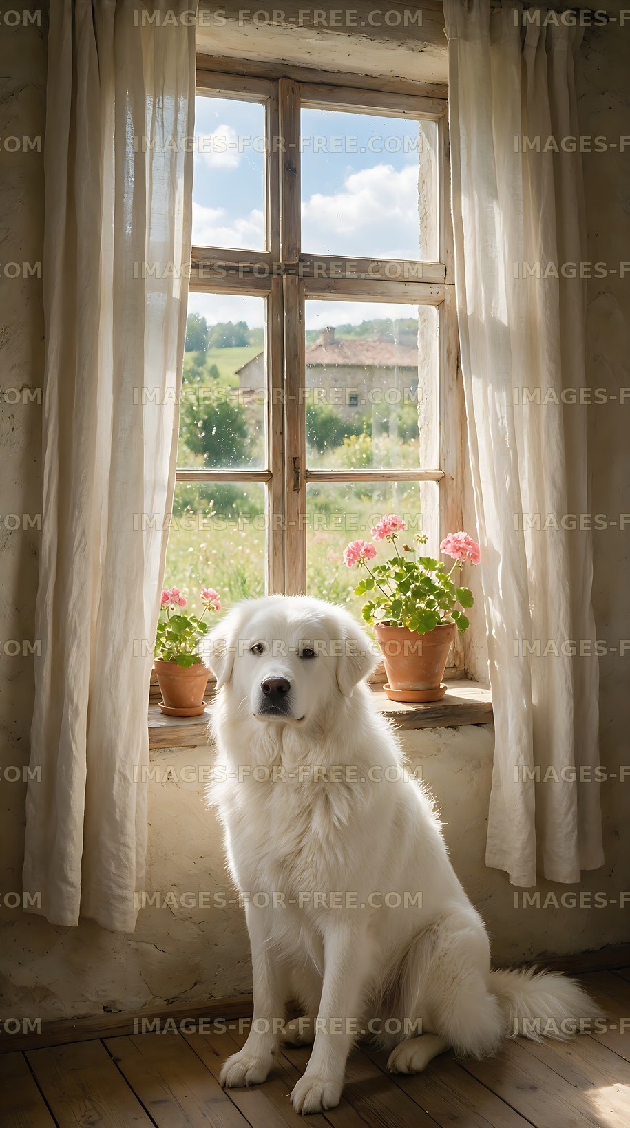 Fluffy white dog sitting in a rustic window setting