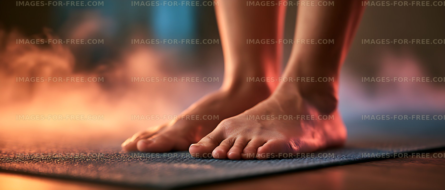 Close view of bare feet on a yoga mat