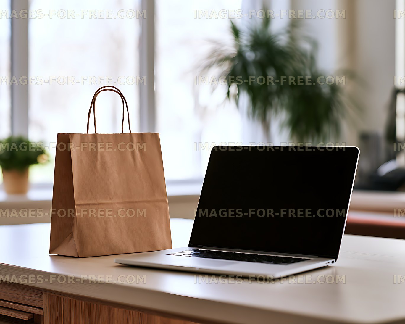 Paper bag beside an open laptop in a bright interior