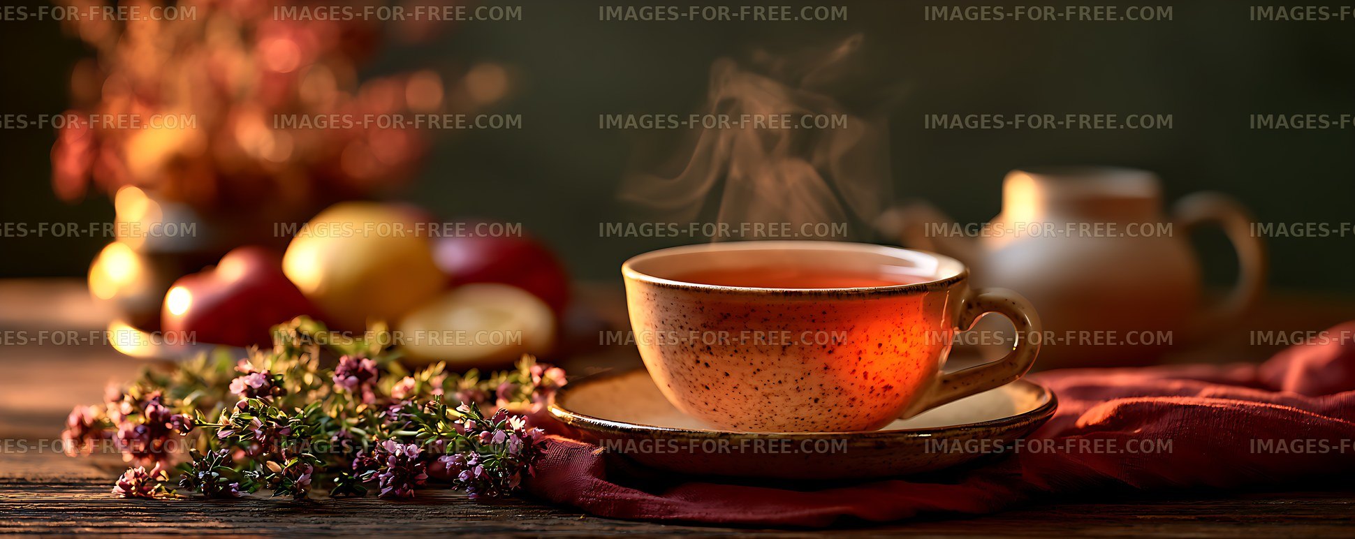 Warm tea still life with flowers, fruit, and teapot
