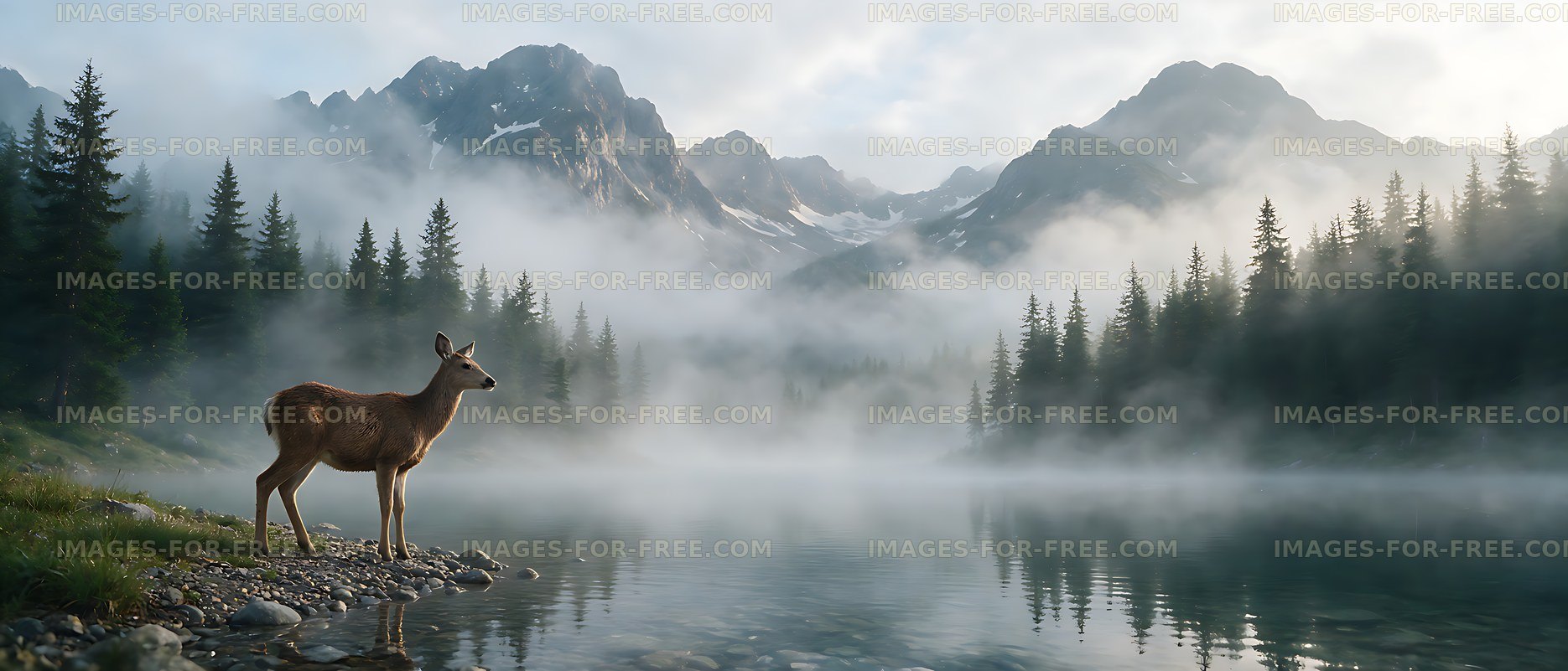 Lone deer on the shore of a mountain lake