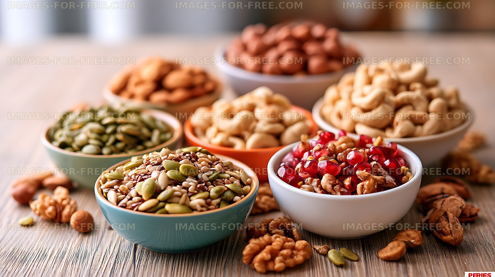 Assorted nuts and seeds arranged in bowls