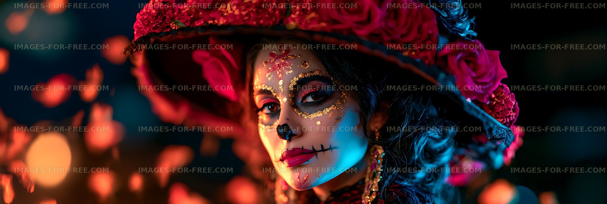 Dramatic close-up portrait with floral hat and skull face paint
