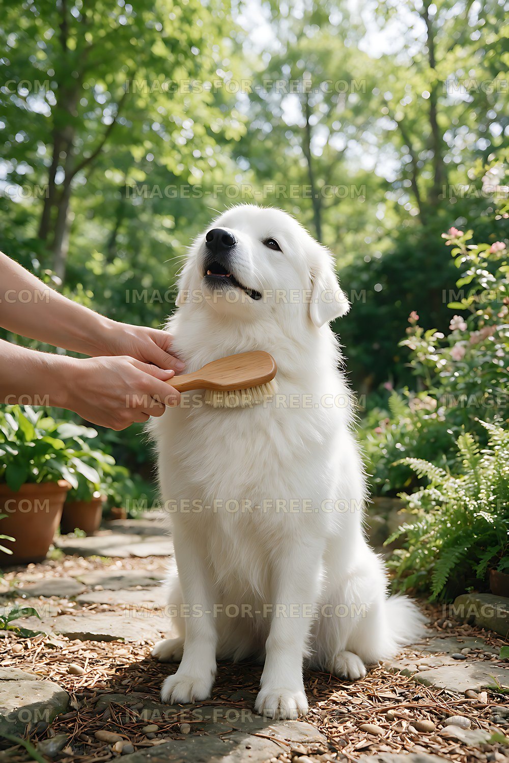 Long-haired white dog receiving a grooming brush outdoors
