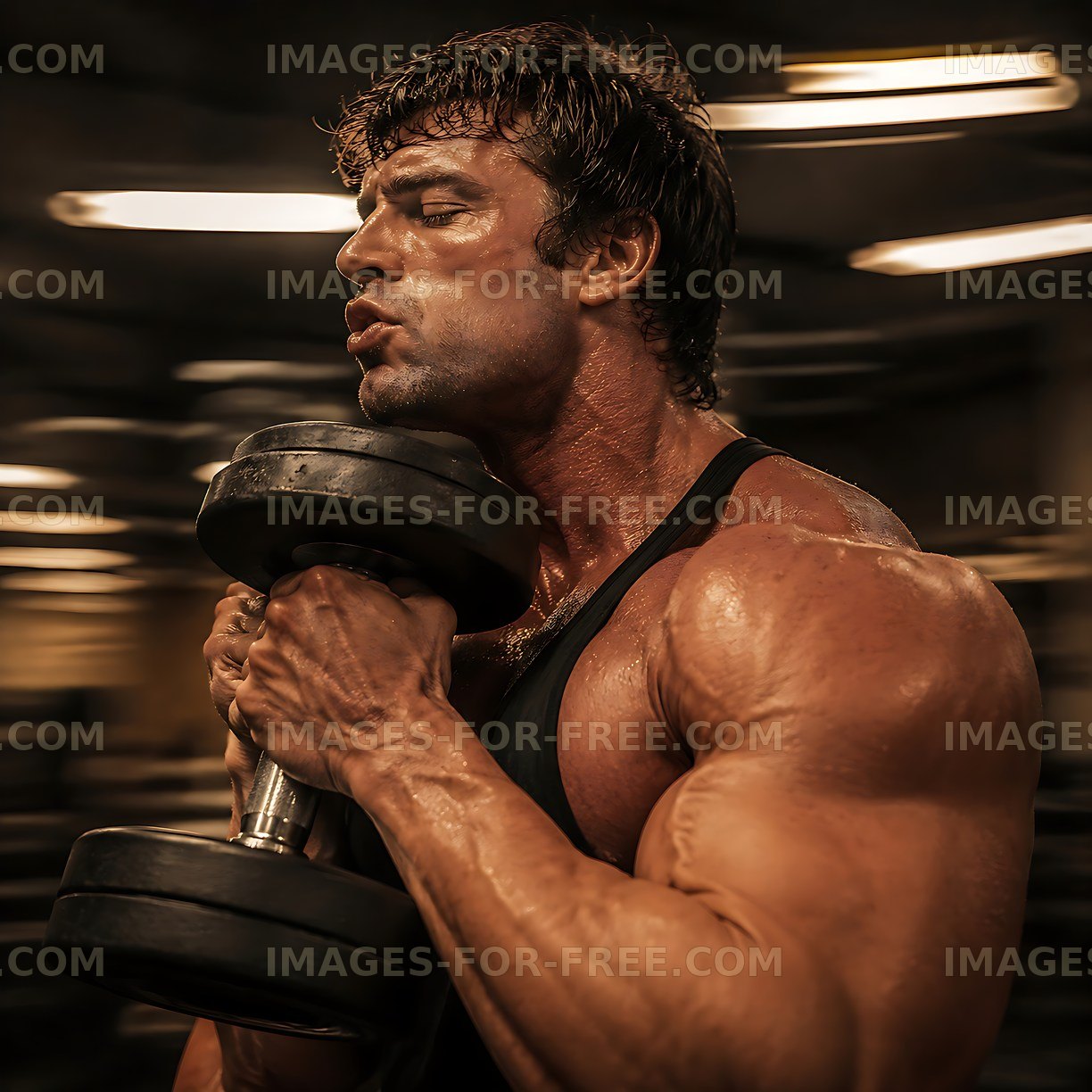 Man lifting dumbbell in gym with blurred background